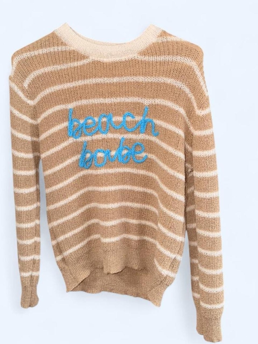 Wishlist Tan & Cream Striped Crew Sweater with Blue 'beach babe' Embroidery